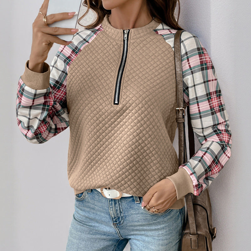 Retro Plaid Zip-Collar Jumper