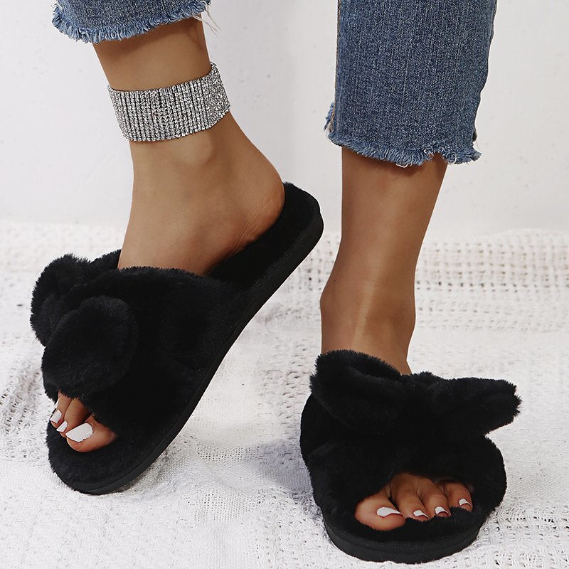 Hairy Drag Women Fashion Bow Open-toed  Warm Flat Cotton Slippers
