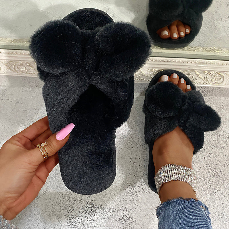 Hairy Drag Women Fashion Bow Open-toed  Warm Flat Cotton Slippers