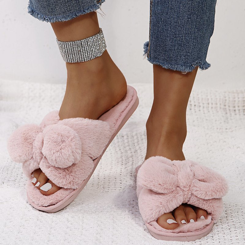 Hairy Drag Women Fashion Bow Open-toed  Warm Flat Cotton Slippers